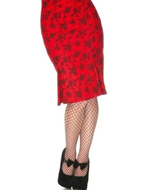 Voodoo Vixen Red Floral Pencil Skirt Pin Up Rockabilly Goth Femme Fatale Y2K